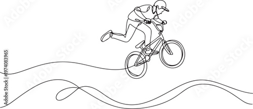 Single continuous line drawing teenager BMX racing rider performs tricks in skate park on pump track. Extreme sport, dynamic, hobby, freestyle. one line art icon drawing vector