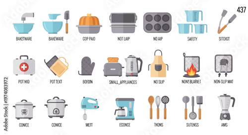 Collection of kitchen utensils and appliances arranged on a white background