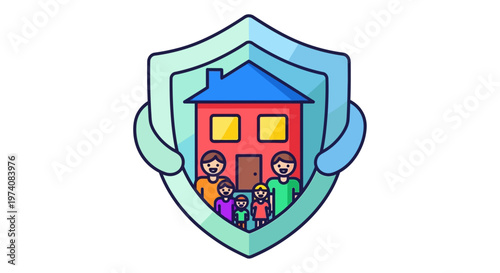 Secure and loving home environment with comprehensive family protection shield, symbolizing safety and care for residents and property