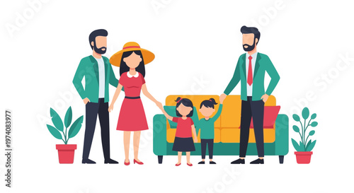 Joyful Modern Family Illustration Enjoying Quality Time Together in a Cozy Home Environment with Parents and Children