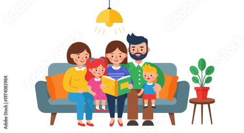 Family bonding at home Parents and children sharing a joyful storybook reading session on the cozy living room sofa