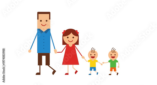 Joyful family stroll A cheerful illustration of parents and two children walking hand in hand, embodying togetherness and simple delight