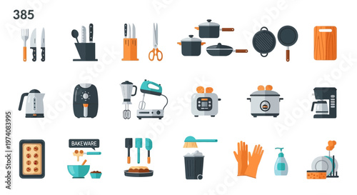 Collection of kitchen utensils and appliances arranged on a white background