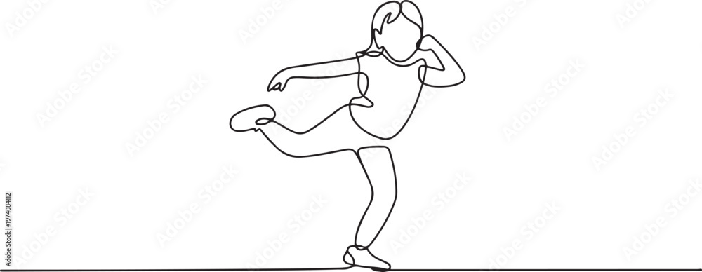 Fototapeta premium Single continuous line drawing young girl mid-step, balancing on one foot with other leg raised, dynamic, grounded movement typical of Hip Hop dance. one line art icon drawing vector