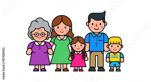 Cheerful multi-generational family portrait illustration depicting strong bonds, love, and happiness across different ages and relationships