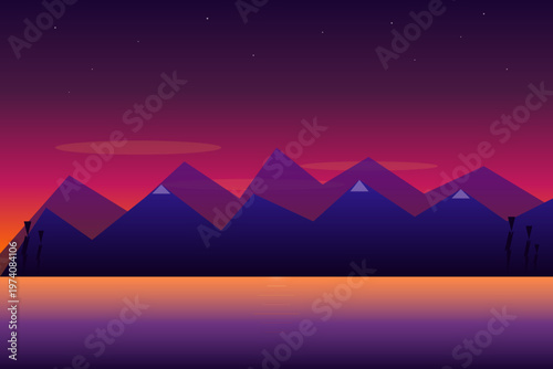 Mountain Sunset Landscape with Lake Reflection and Pine Trees