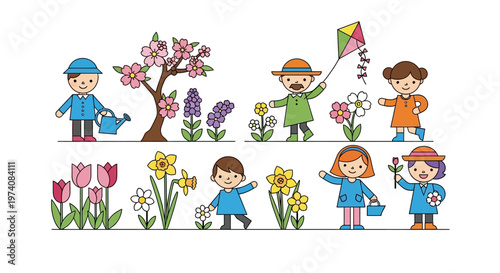 Joyful children actively engaged in spring activities, surrounded by blooming flowers and plants in a vibrant outdoor setting