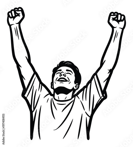 A joyful young man with arms raised in triumph celebrates success, expressing strong positive emotion with a wide smile, perfect for motivational content and achievementthemed projects.