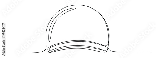 Continuous one line drawing of a sports cap with a curved brim, symbolizing simplicity and modern minimalist style, perfect for athletic apparel branding or graphic design projects