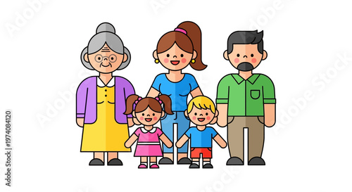 A diverse family of five, including grandparents, parents, and two children, depicted in a charming illustration