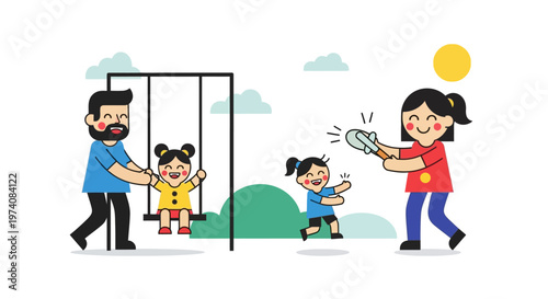 Happy family enjoying outdoor activities and playing together in a park with swings and bubbles