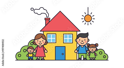 Happy cartoon family with parents and children standing in front of their colorful dream home, symbolizing comfort, security, and togetherness