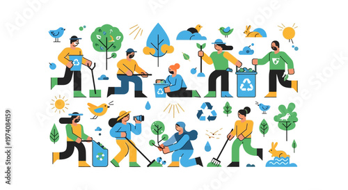 Illustration of people actively participating in environmental conservation and recycling efforts