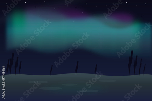 Northern Lights Aurora Borealis over Snowy Pine Forest