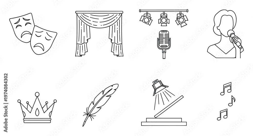 Fototapeta premium Versatile collection of line icons representing theater, music, and performance arts, featuring masks, stage curtains, microphone, singer, crown, quill, spotlight, and musical notes for