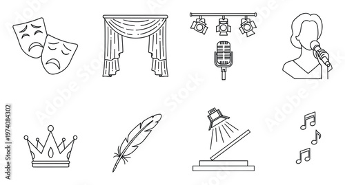 Versatile collection of line icons representing theater, music, and performance arts, featuring masks, stage curtains, microphone, singer, crown, quill, spotlight, and musical notes for