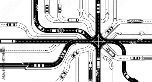 Complex Highway Interchange with Traffic Flow Illustration.