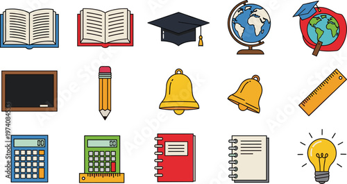 Education School Vector Set with Books Pencil Globe Calculator Bell Isolated on White Background