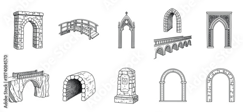 Hand drawn architectural arches, stone bridges, and old gate elements ideal for historical game asset design, medieval fantasy world building, or vintage graphic projects.