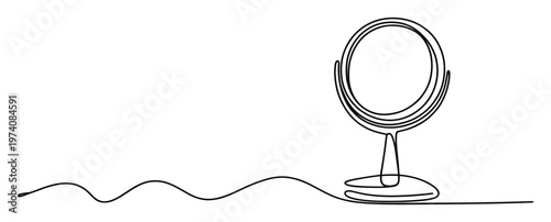 Continuous line drawing of a tabletop vanity mirror with a round reflective surface and a flowing linear motif perfect for minimalist cosmetic or beauty product branding and blog headers