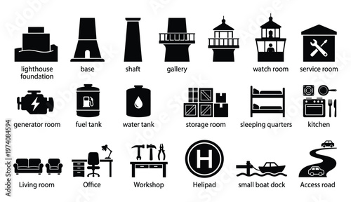Collection of essential lighthouse building and facility pictogram icons for navigational infrastructure planning and maritime engineering applications