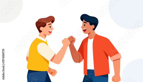 Two men share a joyful fist bump. They smile warmly, showing mutual respect. Simple cartoon style with soft pastel colors. Ideal for team spirit, friendship, or collaboration themes