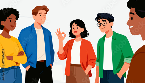 Five friends chat warmly, smiling at each other. One woman gestures approval with her thumb. Their casual outfits show comfort and unity. Friendly vibes suit team meetings or social gatherings