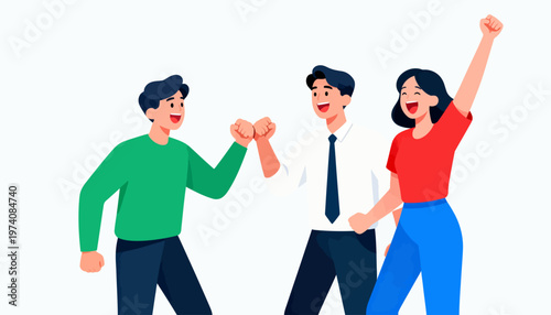 Three friends cheerfully celebrate a victory together. One raises a fist in excitement, another fist bumps. All show joy through smiles and energetic gestures. Perfect for team success, achievement