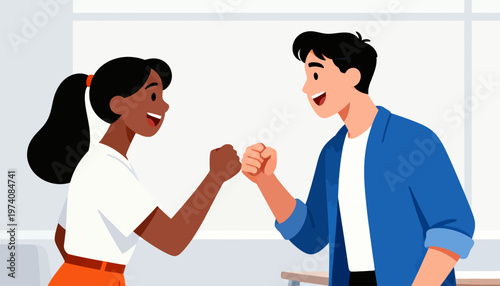 Two people share joyful fist bumps. Smiles brighten their faces as they connect. Office or classroom setting with soft lighting. Friendly gesture signals teamwork or celebration