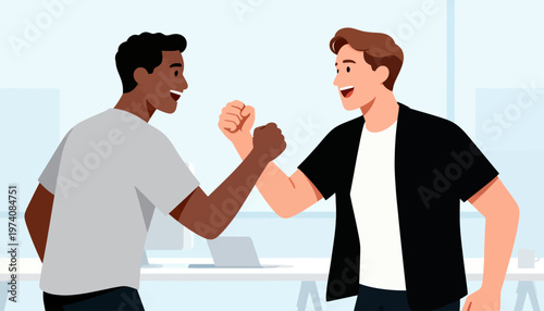 Two men celebrate with a fist bump at a modern office. Their joyful expressions show mutual respect and teamwork. The scene suggests collaboration, success, or friendly rivalry