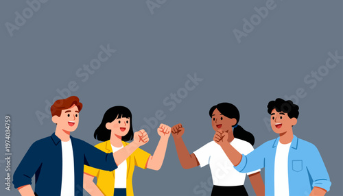Five friends celebrate joyfully, fists raised in unison. Their smiles reflect shared excitement and camaraderie. Each character shows animated enthusiasm, dressed casually. Ideal for team spirit