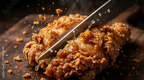 Crispy fried chicken being sliced on wooden cutting board  