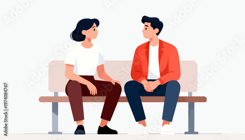 Two people sit on a bench, facing each other. They appear calm, engaged in quiet conversation. Soft colors give the scene a gentle, relaxed feel