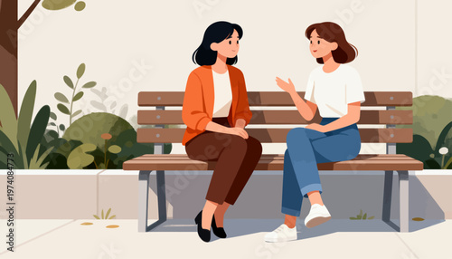 Two women sit on a wooden bench, chatting. One gestures while speaking, showing warmth and engagement. The other listens attentively, smiling gently. Lush green plants frame the scene, adding calmness