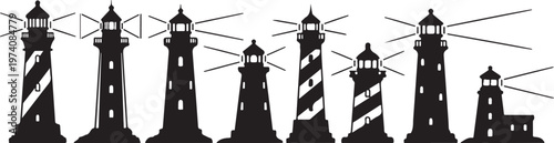 Silhouette of multiple lighthouses with wind turbines nearby landscape