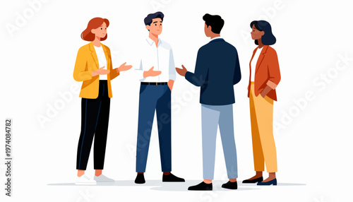 Four professionals engage in a lively conversation. They gesture animatedly, showing enthusiasm and connection. Colors are bright, reflecting energy and collaboration