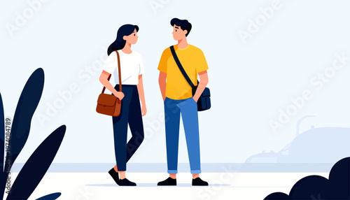 Two people walk side by side, smiling gently. One wears a yellow shirt, the other a white top. They carry bags, suggesting casual outings. Plants frame their path with soft, leafy shapes