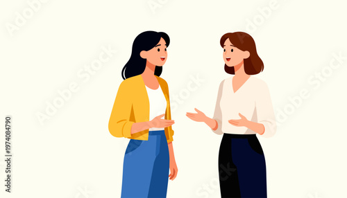 Two women converse warmly in a soft, minimalist setting. Their expressions convey friendliness and mutual engagement. One gestures invitingly, while the other listens attentively