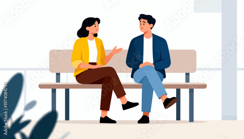 Two people sit on a bench, engaged in conversation. The woman gestures while speaking, showing interest. The man listens attentively, nodding gently. Soft daylight fills the scene