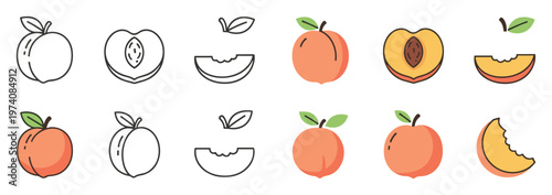 A collection of fresh peach fruit icons in various styles including whole, half, and bitten slices, perfect for healthy food apps, grocery store graphics, summer season marketing, and
