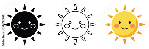 Cheerful sun character presenting various style options including solid black, outline, and vibrant yellow, perfect for weather applications, childrens content, and seasonal marketing.