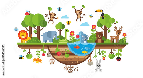 Flat Design Ecosystem Diverse Animals, Lush Trees, and Pond Illustrate Natural Balance and Biodiversity