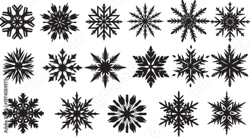 Collection of unique black snowflakes on white background illustration