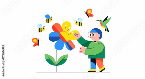Person tending a vibrant flower, attracting bees and a hummingbird, a colorful illustration of nature's beauty and environmental care