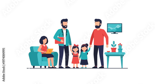 Contemporary diverse family illustration depicting happy moments and togetherness in a comfortable home setting, embracing modern lifestyle