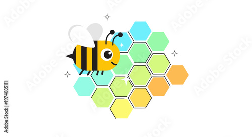 A cheerful cartoon bee flying over a honeycomb structure filled with colorful hexagonal cells