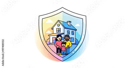 Protection of family and home illustrated with shield containing a house and a family portrait inside