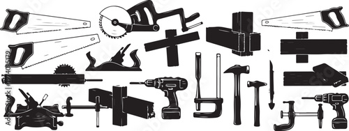 Collection of various carpentry and construction tools icons set