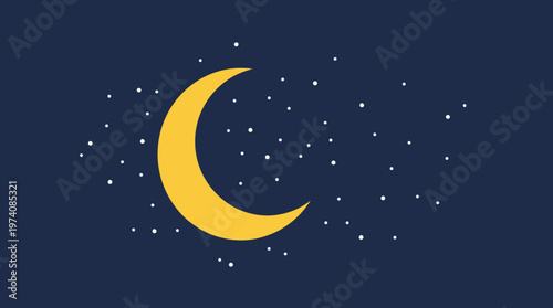 Crescent moon illustration with a yellow glow in the night.