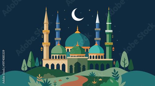 Detailed Mosque Illustration with Minarets and Crescent Moon.